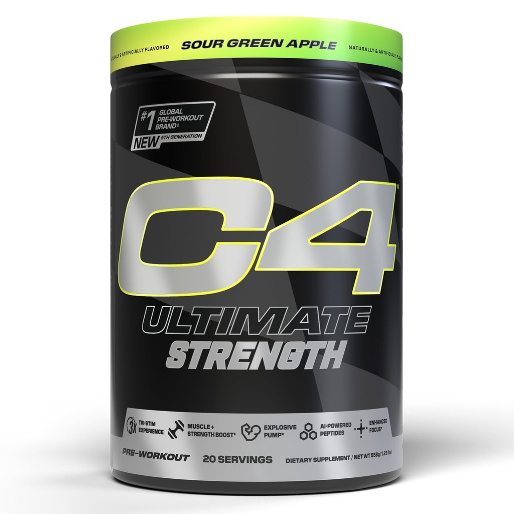 Cellucor C4 Ultimate Strength Pre Workout Powder - Tri-Stim Experience 300mg Caffeine+TeaCrine+Dynamine - Createine & Beta-Alanine - Ενεργειακό συμπλήρωμα για άνδρες και γυναίκες - Ξινή Πράσινη Apple, 20 εξυπηρετούν