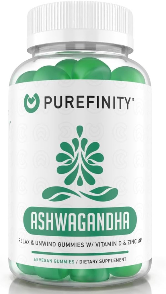 PUREFINITY Ashwagandha Gummies με βιταμίνη D & ψευδάργυρο – Συμπλήρωμα για χαλάρωση, ηρεμία, και υποστήριξη Mood – Χωρίς γλουτένη, μη-GMO, Vegan, 60 Count