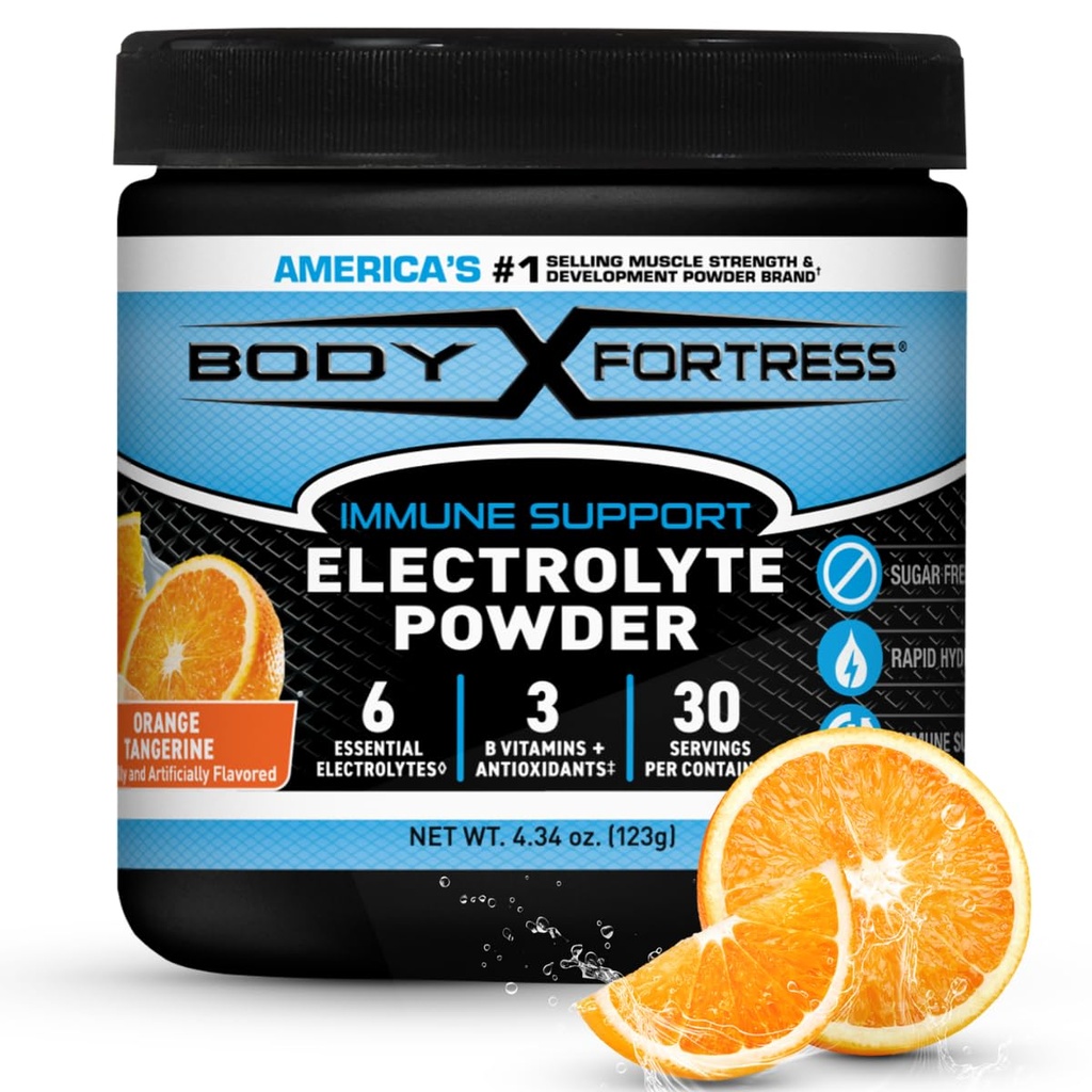Body Fortress Electrolyte Powder Orange Tangerine - Rapid Hydration Drink Mix with 6 Essential Electrolytes & 3 B Vitamins - Sugar Free, Keto Friendly, No Color Added, Clear Hydration - 30 Servings