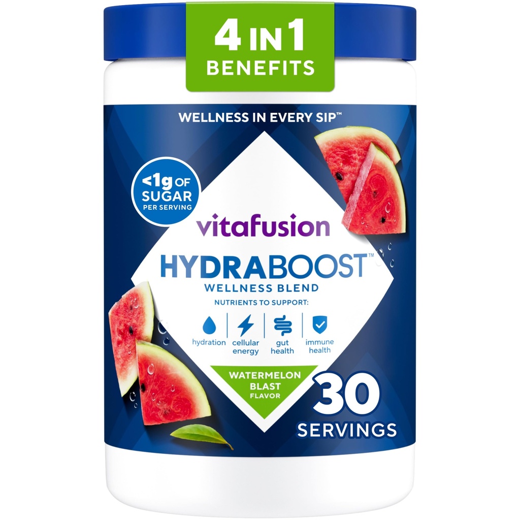 Vitafusion Hydraboost Hydration Drink Mix, Electrolytes Support Daily Hydration, Vitamins Support Cellular Energy & Immune Health, Prebiotic Fiber Supports Gut Health, Watermelon Blast, 30 Servings