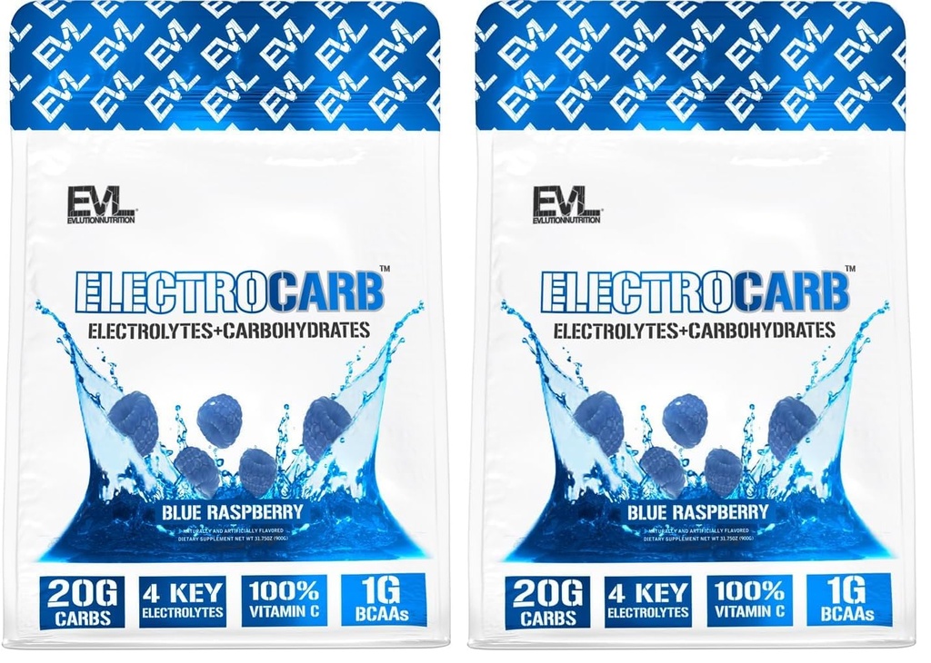 Evlution Nutrition ElectroCarb - Electrolytes + Carbohydrates - Hydration Support, Endurance & Muscle Recovery - 20g Carbs, 4 Key Electrolytes & 1g BCAAs - Blue Raspberry - 30 Servings (Pack of 2)