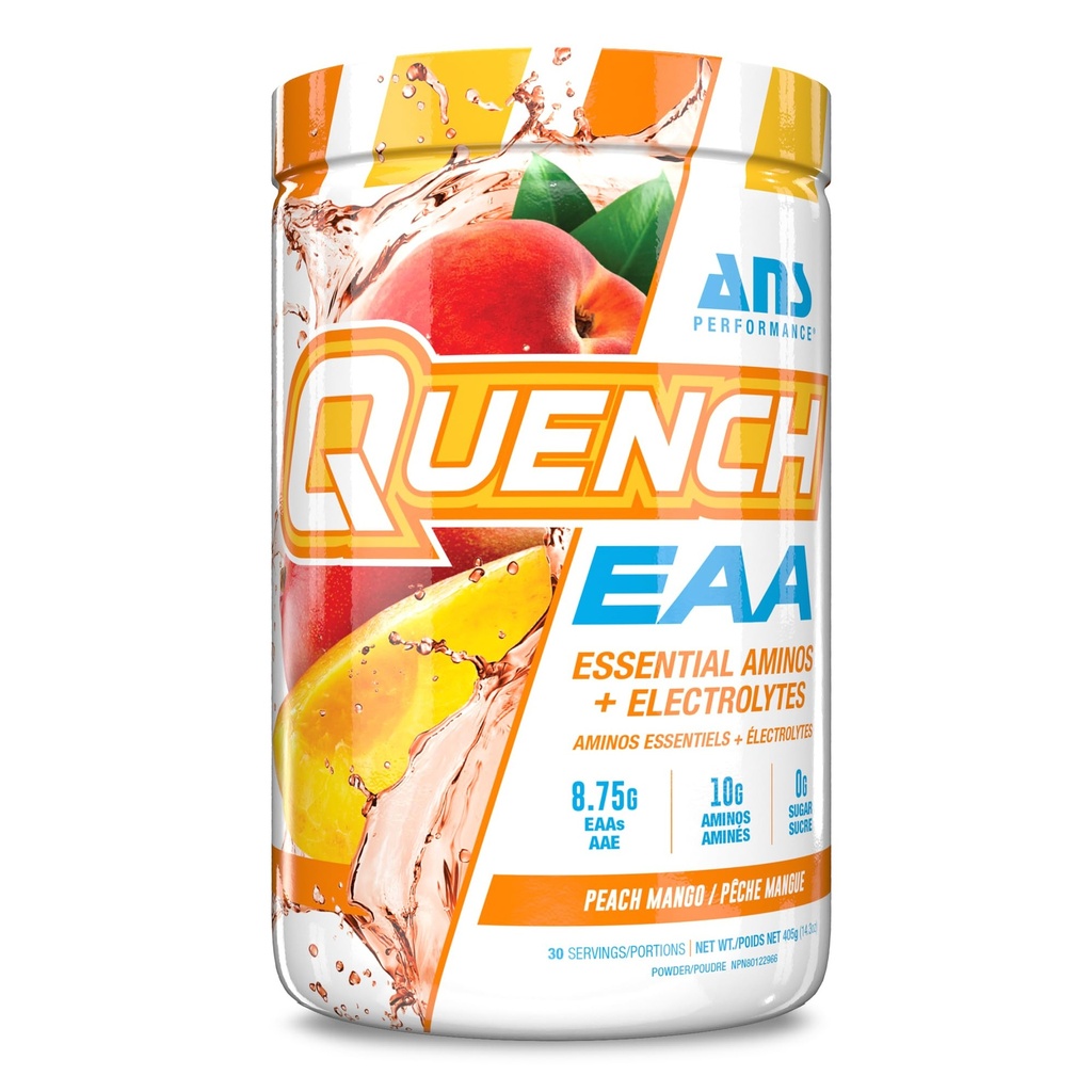 ANS Performance Quench EAA Hydration Drink Mix with Electrolytes Vitamins and Antioxidants, Zero Sugar, Carbs or Calories, Peach Mango