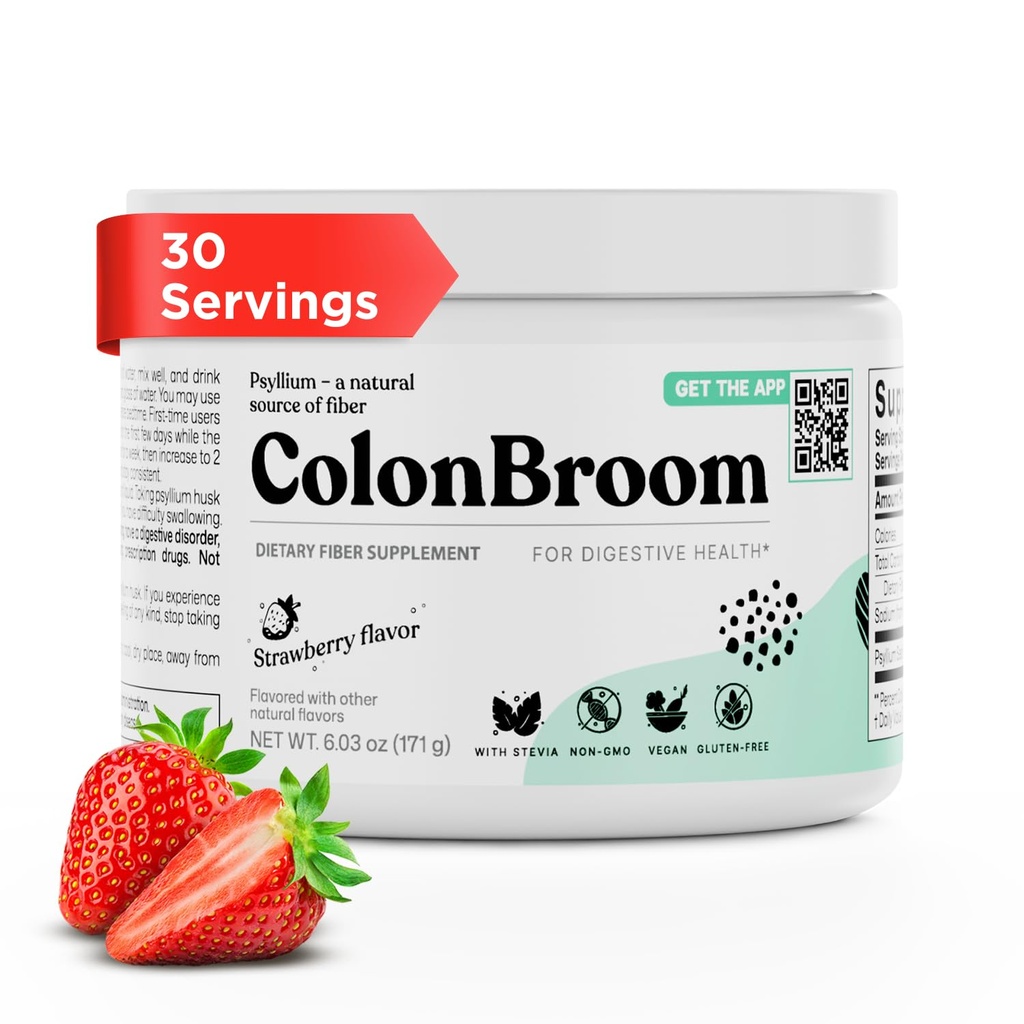 ColonBroom Psyllium Husk Powder (Strawberry, 30 Servings) - Colon Cleanse for Bloating Relief & Gut Health - Colon Broom Fiber Powder Drink - Vegan, Gluten Free, Non-GMO Fiber Powder Supplement