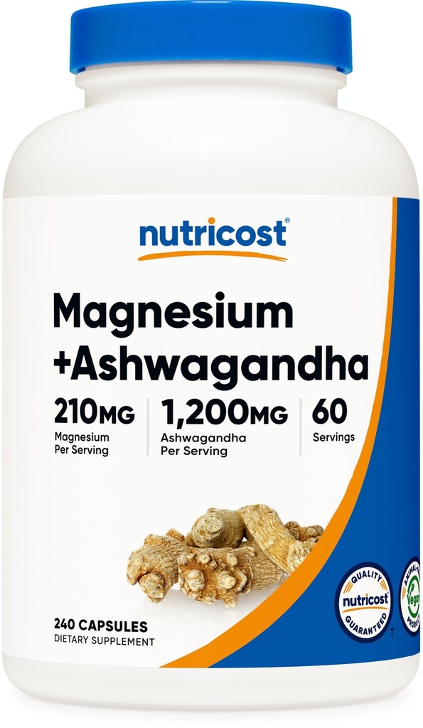 Nutricost Magnesium + Ashwagandha Supplement (1410mg) 240 Capsules - 210mg of Magnesium, 1,200mg of Ashwagandha, Vegan, 60 Servings