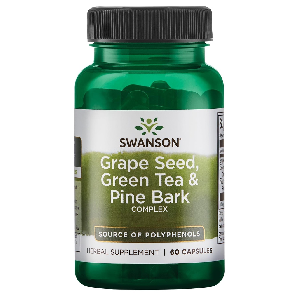 Swanson Σπόροι σταφυλιού Πράσινο τσάι & Pine Bark Complex Υγεία Αντιοξειδωτική υποστήριξη Πολυφαινόλες OPCS Βότανο συμπλήρωμα 60 κάψουλες (Caps)