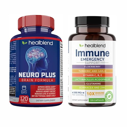 healblend Neuro Plus & Immune Support Bundle – Brain Boost Nootropic for Focus, Energy, Memory & Clarity – Elderberry, Zinc, Vitamin C, Turmeric, Probiotics – 2 Pack, 120 Capsules Each