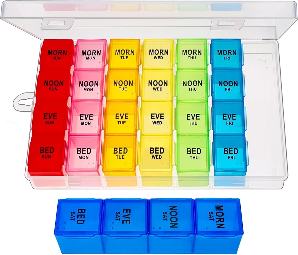 Weekly Pill Organizer 4 Times a Day, Medicine Organizer Box, Travel Daily Pill Box Organizer 7 Day, Pill Case, Hill Container Holder for Hold Vitamins/Fish Oils.
