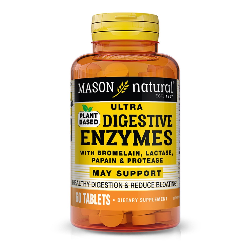 MASON NATURAL Plant Based Ultra Digestive Enzymes with Bromelain, Lactase, Papain & Protease - Υποστηρίζει Υγιεινή Πήξη & Μπορεί να Μειώσει την Ανέλκυση, 60 Κάψουλες
