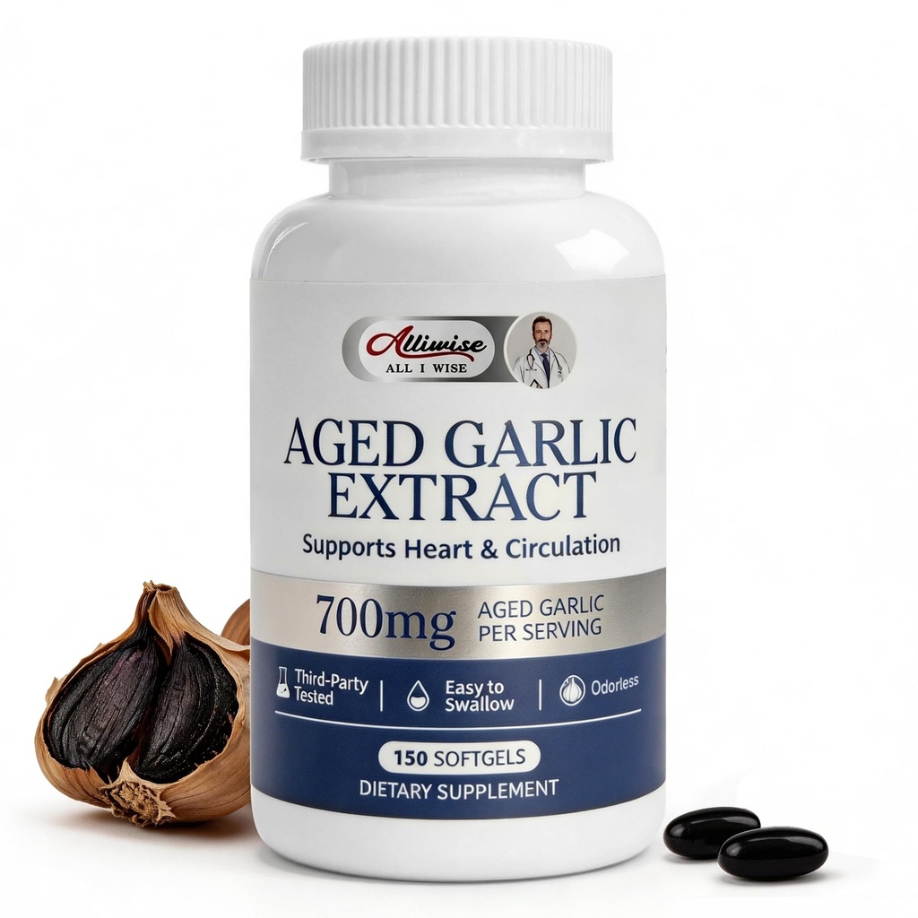 Alliwise Aged Black Garlic Extract 700mg with Vitamin D3 & K2 – Odorless Garlic Supplement for Heart & Circulation Support, High-Purity Age, Small Softgels, Easy to Digest, 3rd Party Tested