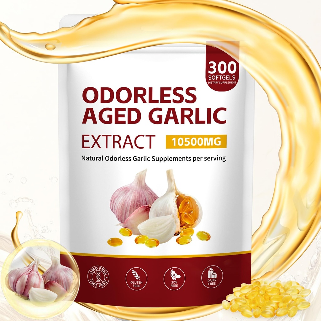 Aged Garlic Extract Capsules 300 Softgels, Odorless Garlic Supplement with Magnesium, Chromium, Vitamin B1 & B9, Daily Immune & Wellness Support, 2 Years Matured