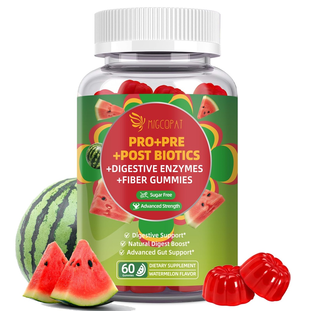 Migcopat Pre Post Probiotics Gummies, Probiotic Prebiotic Postbiotic Digestive Enzymes with Fiber, 120 Billion CFU Probiotics - Digestive Health, Sugar Free, Vegan, Watermelon, 60 Gummies