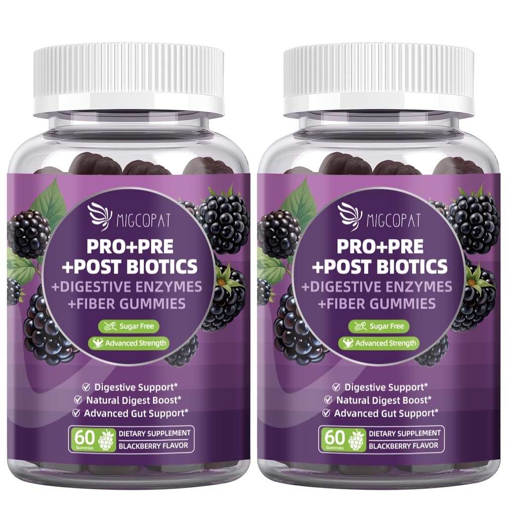 Migcopat Pre Post Probiotics Gummies, Probiotic Prebiotic Postbiotic Digestive Enzymes with Fiber, 120 Billion CFU Probiotics for Gut Health, Sugar Free, Vegan, BlackBerry Flavor, 120 Cts