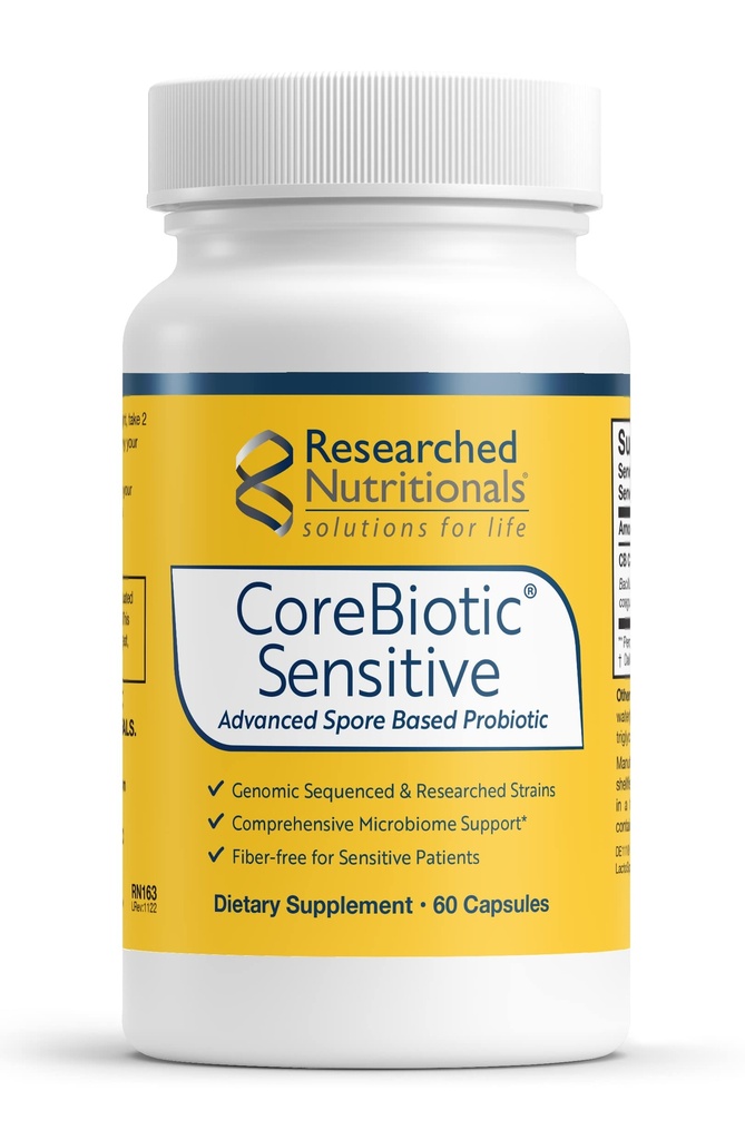 Researched Nutritionals CoreBiotic Sensitive - Vegan Probiotics for Low FODMAP Diet - Spore Based Probiotic Supplement to Support Microbiome & Gut Health - Researched Strains (60 Capsules)