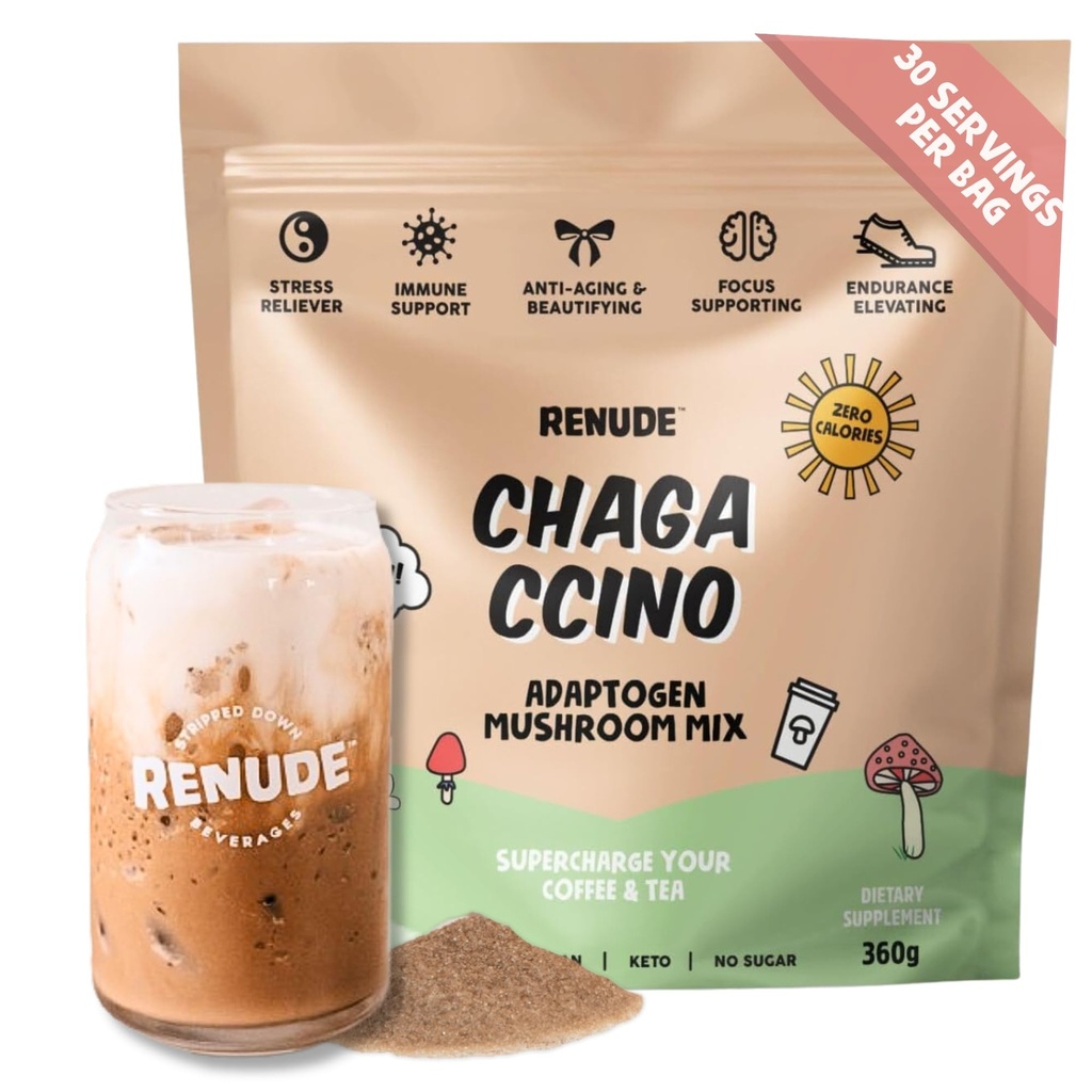 Renude Chagaccino - Chaga Mushroom Powder, Mushroom Coffee Drink Mix with Adaptogens, Natural Energy and Immune Support, Vegan, Keto, Zero Calori Mushroom Blend Powder - 30 Σερβιέτες