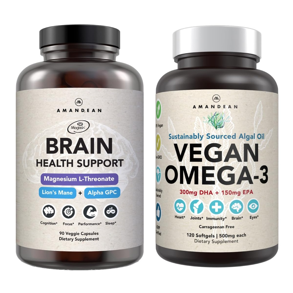 AMANDEAN Brain & Vegan Omega-3 Bundle: Μαγνήσιο Θρεωνικό, USA-Grown Lion’s Mane 6:1, Alpha-GPC & Algae DHA/EPA. Φυτικά Βασισμένα Βασικά λίπη για τον εγκέφαλο, το μάτι, την καρδιά και την υγεία του δέρματος. Fish Oil Εναλλακτική.