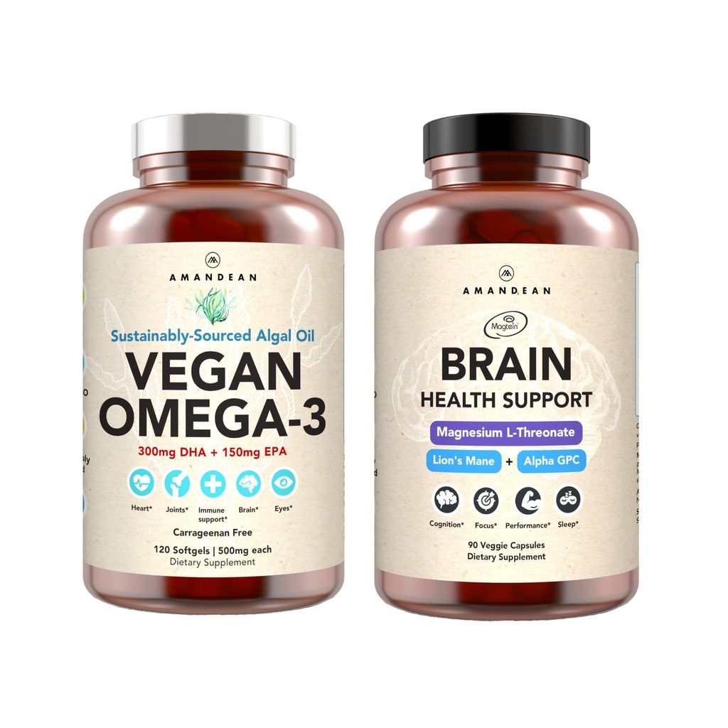 AMANDEAN Brain & Vegan Omega-3 Bundle: Μαγνήσιο Θρεωνικό, USA-Grown Lion’s Mane 6:1, Alpha-GPC & Algae DHA/EPA. Φυτικά Βασισμένα Βασικά λίπη για τον εγκέφαλο, το μάτι, την καρδιά και την υγεία του δέρματος. Fish Oil Εναλλακτική.