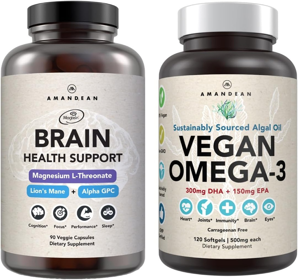 AMANDEAN Brain & Vegan Omega-3 Bundle: Magnesium Threonate, USA-Grown Lion’s Mane 6:1, Alpha-GPC & Algae DHA/EPA. Plant-Based Essential fats for Brain, Eye, Heart & Skin Health. Fish Oil Alternative.