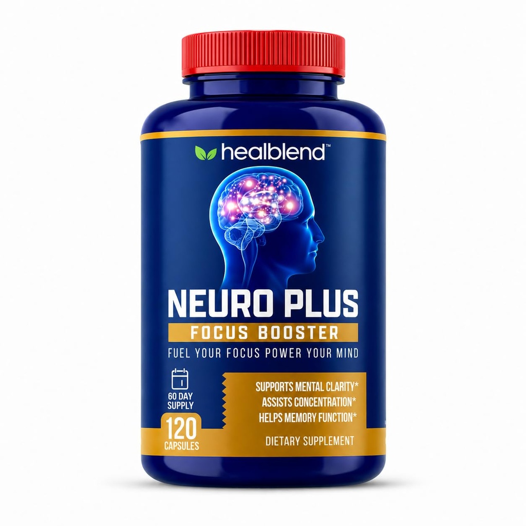 healblend Neuro Plus Focus Booster - Advanced Brain Support Supplement with Vitamin B6, B12, Folate - Improves Memory, Concentration, Mental Clarity & Cognitive Function – 120 Capsules