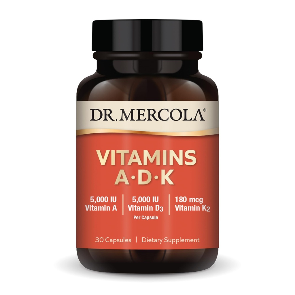 Dr. Mercola Vitamins ADK, 30 Σερβιέτες (30 κάψουλες), Συμπλήρωμα διατροφής, 5000 IU Βιταμίνης Α & Βιταμίνης D3, 180 mcg Βιταμίνης K2, Υποστηρίζει την Ανοσολογική Υγεία, Μη ΓΤΟ