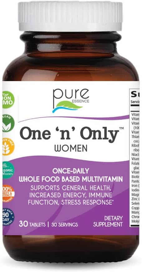 PURE ESSENCE LABS One N Multivitamin for Women, Natural One a Day φυτικό συμπλήρωμα με βιταμίνη D3, B12, και βιοτίνη με ολόκληρα τρόφιμα, 30 δισκία