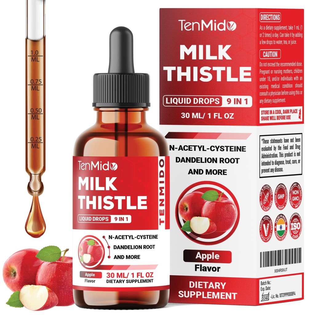 9in1 Milk Thistle Liquid Drops with N-Acetyl-Cysteine, Dandelion, Artichoke, Beet Root, Schisandra Berry, Turmeric, Ginger and Rosemary - 30 Days Supply - 1 Fl Oz