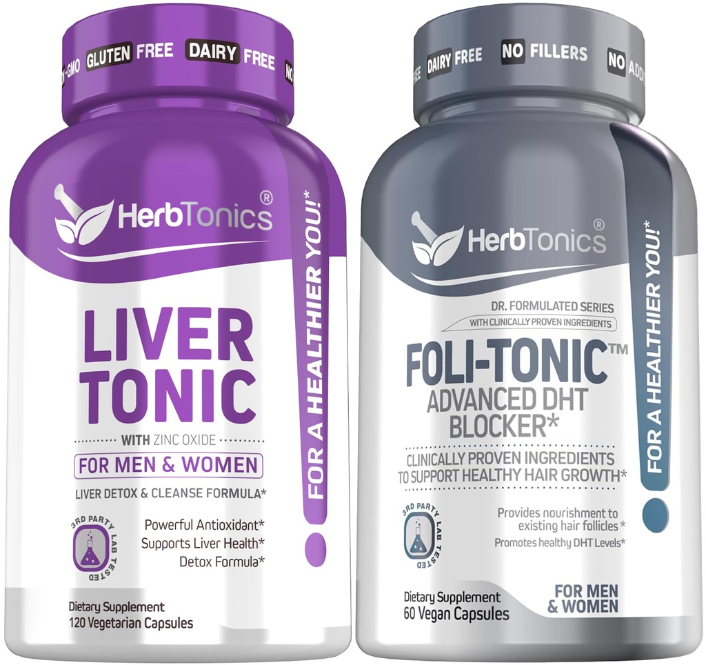 Liver Cleanse Detox & Repair Formula with Milk Thistle - Artichoke and Herbs Liver Health Support Supplement - Foli-Tonic DHT Blocker & Hair Loss Supplement | Hair Thinning Treatment