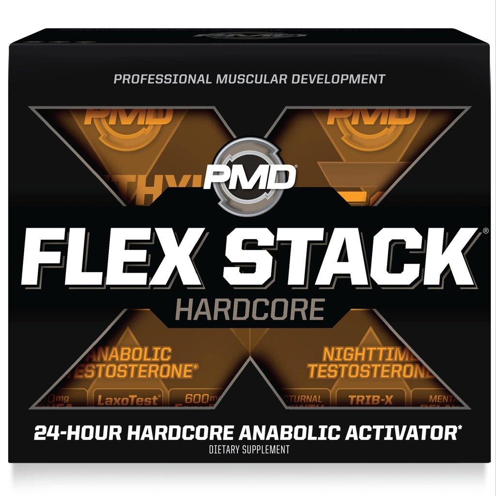 PMD Sports Flex Stack Hardcore 24ωρη υγιής στοίβα για αυξημένη μυϊκή μάζα, δύναμη, μείωση της ευαισθησίας, Libido και ξεκούραστος ύπνος - Methyl Andro Hardcore 90 κάψουλες, Z-Test 90 κάψουλες