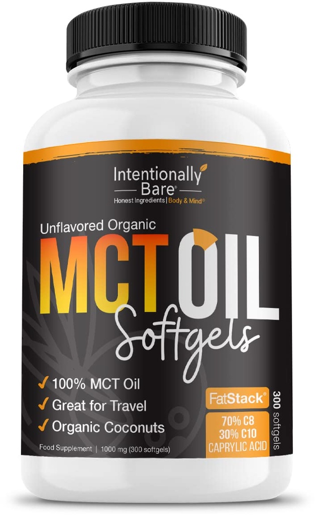 Intentionally Bare Organic MCT Oil Capsules -70% C8 and 30% C10 MCT Supplement- Clean Energy, Brain Health, Mood & Focus -Coconut C8 Pills for Low Carb, Keto & Paleo & Great for Travel-300 Soft Gels
