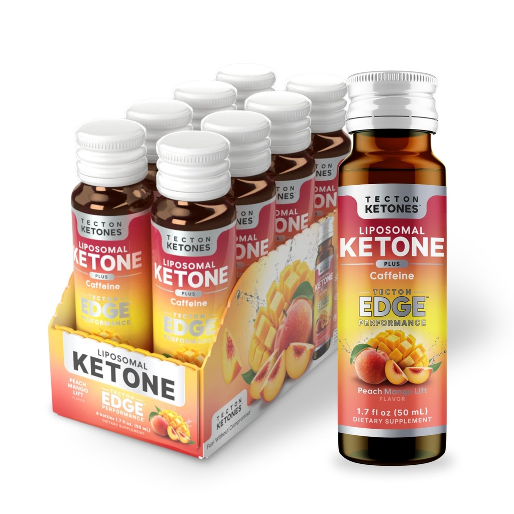 Liposomal Exogenous Ketones Supplement, Endurance Training Shots for Focus & Clarity - Clean Energy Shot + 90mg Natural Caffeine, 6g Ketone for Energy & Alertness, 8 Count Peach Mango