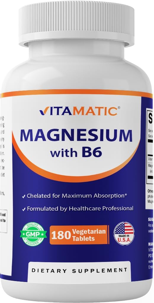 Vitamatic Magnesium with B6-180 Vegetarian Tablets (Uncoated) - Προστέθηκε B6 για μέγιστη απορρόφηση - Υποστηρίζει τους μυς, τις αρθρώσεις και την καρδιακή υγεία