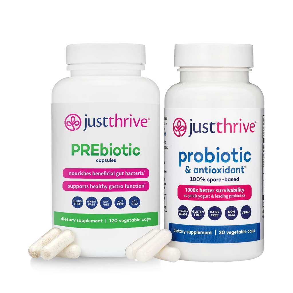 Just Thrive Probiotic & Antioxidant 30 Caps & PREbiotic 120 Caps Bundle Spore-Based Digestive & Immune Support Prebiotic Blend Gut Health Gluten-Free- 30-Day Supply
