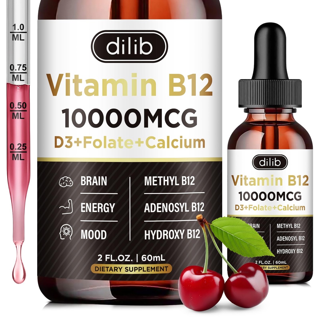 Vitamin B12 Complex 10000 mcg | Triple Liquid B-12 Drops Sublingual Supplement | Methylcobalamin & Adenosylcobalamin & Hydroxo Blend for Long-Lasting Energy and Healthy Metabolism Cherry Flavor, New