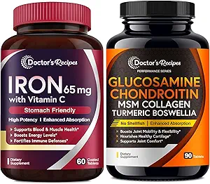 Doctor's Recipes Iron 65 mg & Glucosamine Chondroitin MSM Bundle, Healthy Iron Levels & Comfortable Joints, Iron Tablets 60 ct & Joint Support Tablets 90 ct