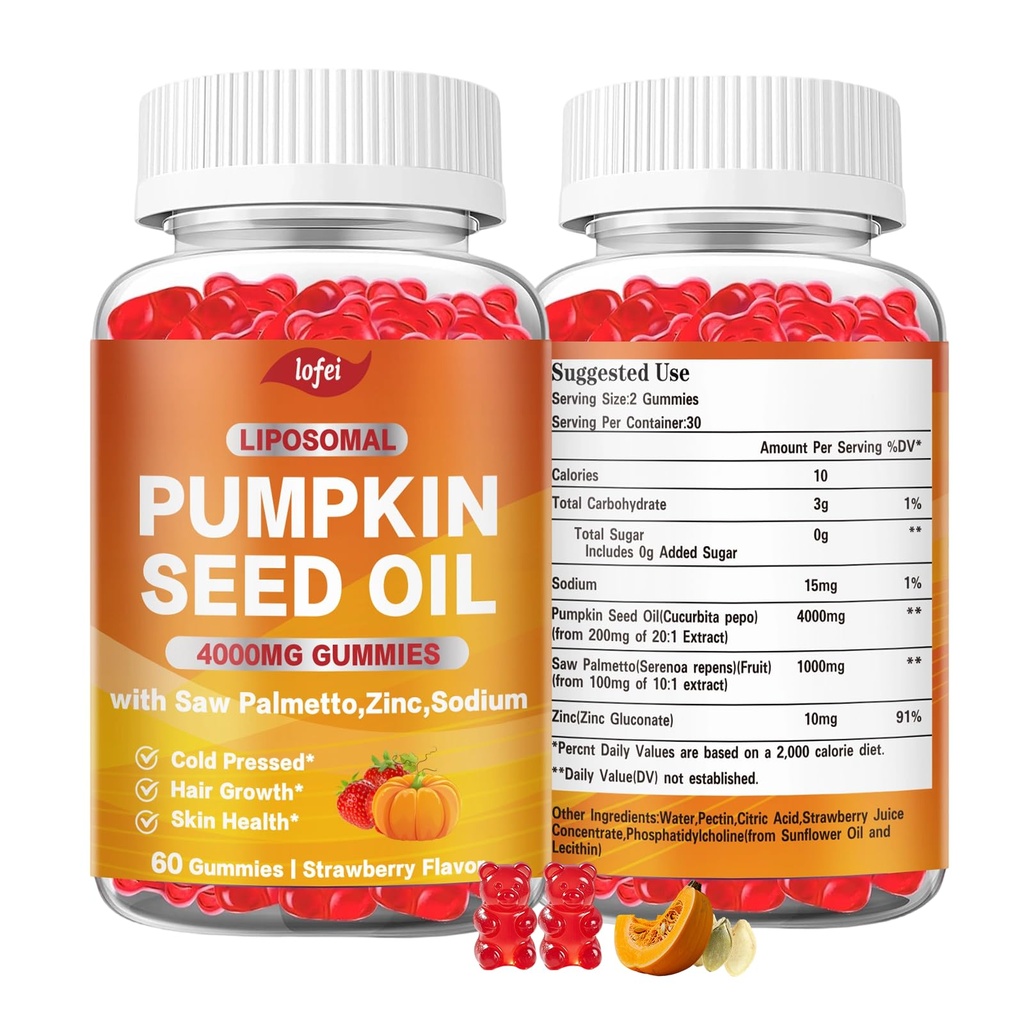 Lofei Pumpkin Seed Oil Gummies 4000mg,Pumpkin Seed Oil with Saw Palmetto Supplement for Hair Growth,Prostate &Skin Health,Cold Pressed,Sugar Free,Strawberry Flavor, 60 Gummies