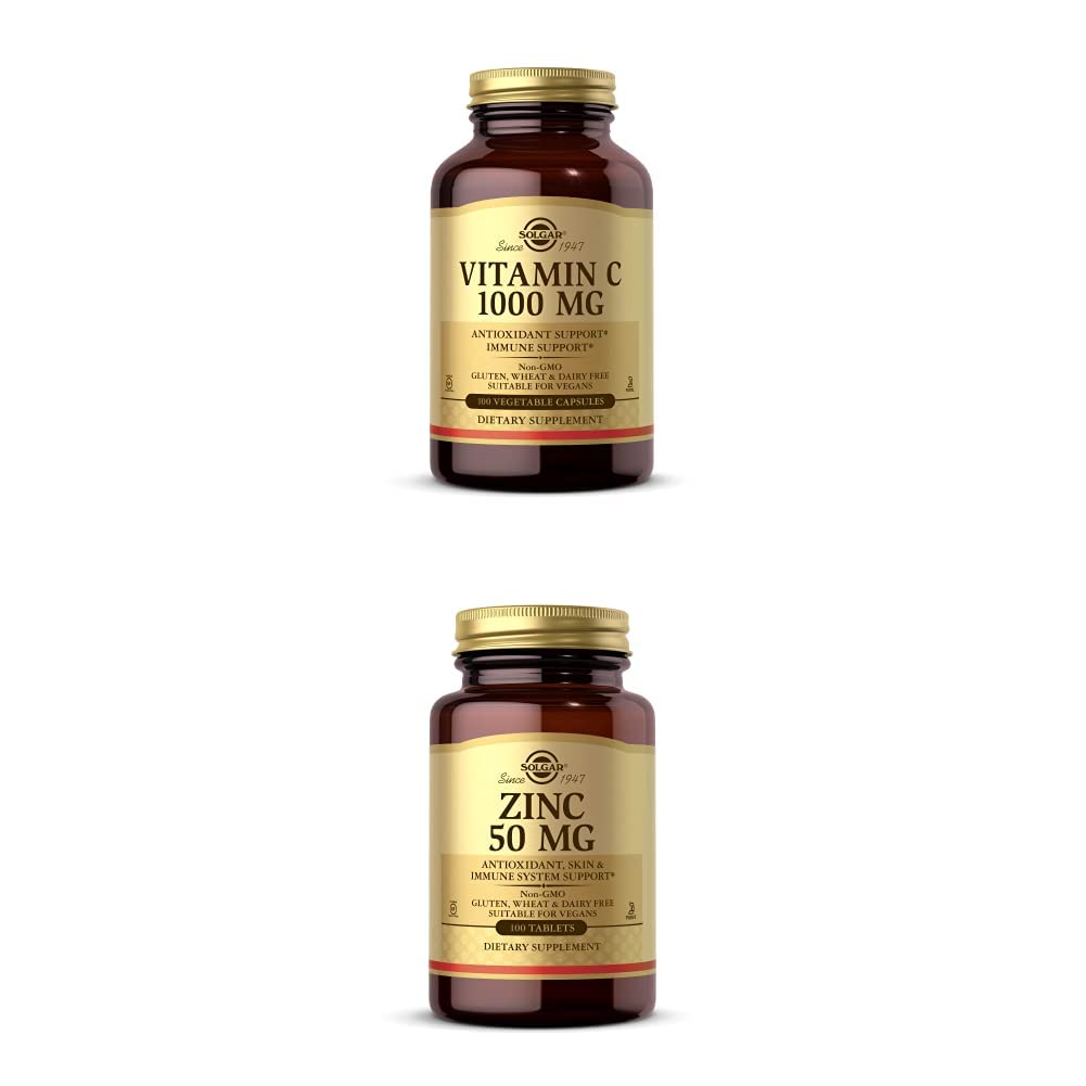 Solgar Vitamin C 1000 mg, 100 Vegetable Capsules - Antioxidant & Immune Support - Overall Health Zinc 50 mg, 100 Tablets - Zinc for Healthy Skin, Taste & Vision