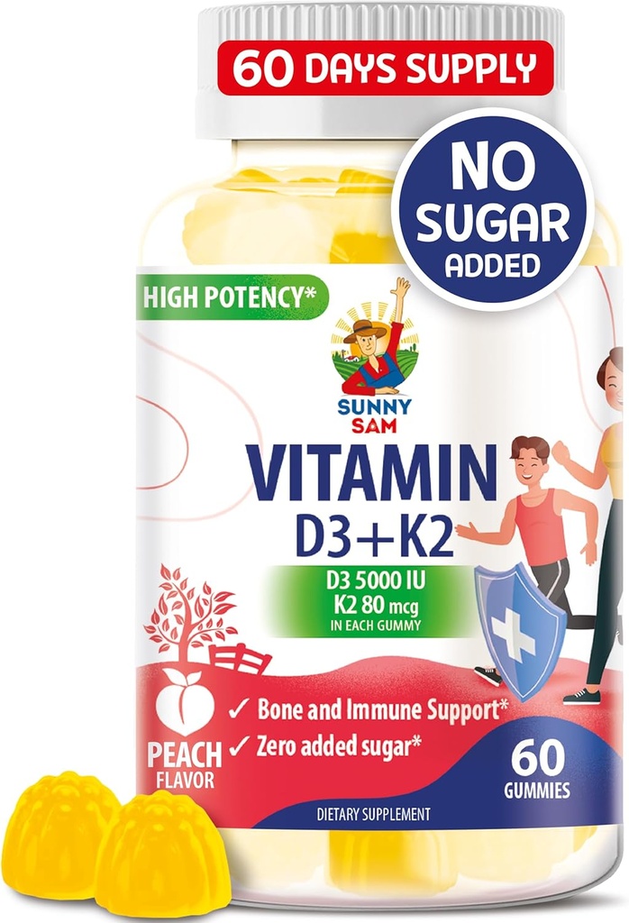 Βιταμίνη D3 K2 Gummies χωρίς ζάχαρη 5000 IU - Gummies ανοσοποιητικής και οστικής υποστήριξης - Συμπλήρωμα Gummy βιταμίνης D για ενήλικες - Υψηλής απορρόφησης, Vegan, Hanal, χωρίς γλουτένη Μασώμενες Βιταμίνες