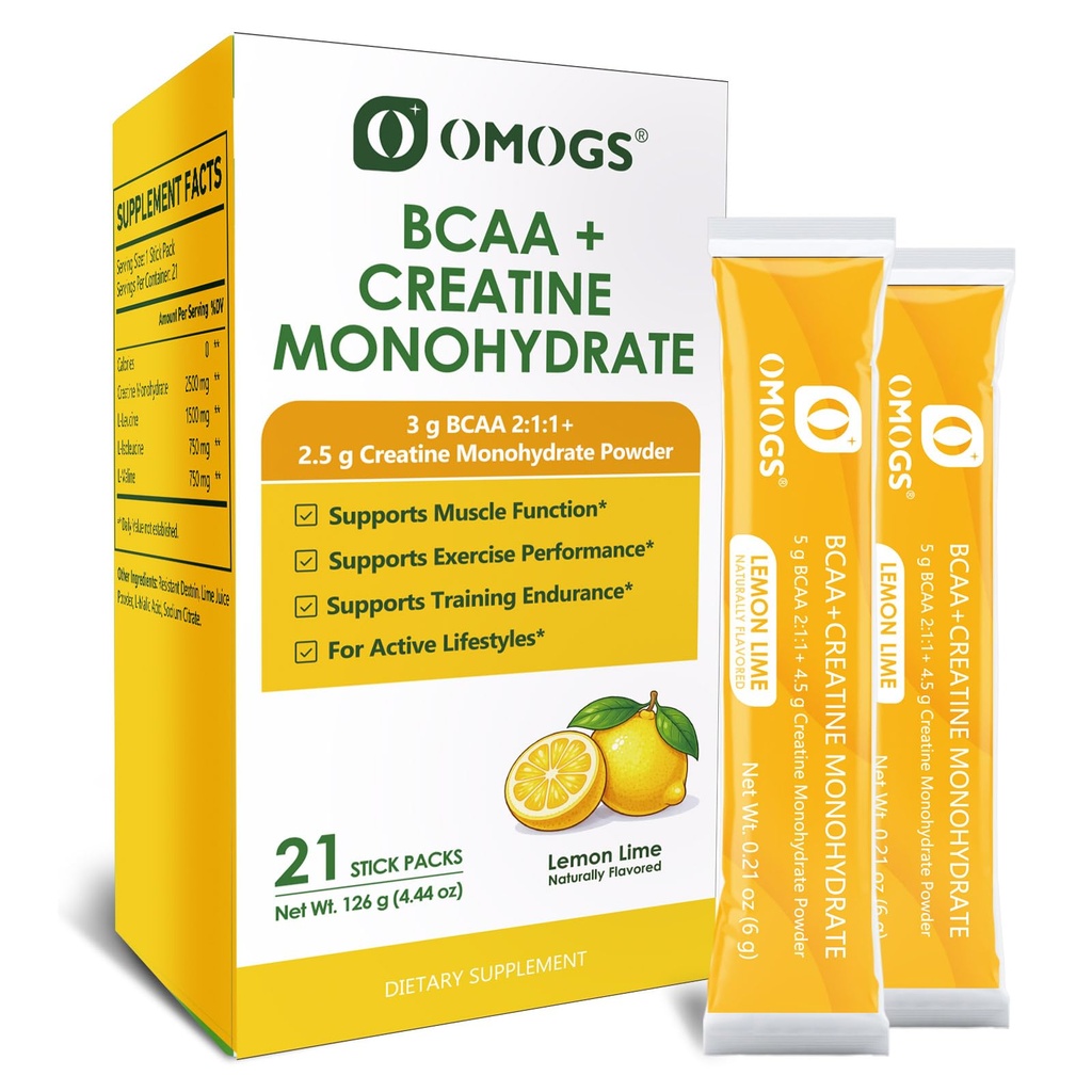 OMOGS Creatine + BCAA Powder, Creatine Monohydrate, Support for Muscles, Exercise Endurance & Recovery, for Women & Men, Lemon Lime Naturally Flavored
