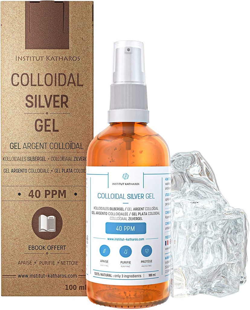 Pure Colloidal Silver Gel 40 PPM • 100% Natural and only 3 Ingredients • Optimal Texture and Absorption (Better Than Creams) • Amber Glass and Ultra-Practical Pump • Ebook Included • Institut Katharos