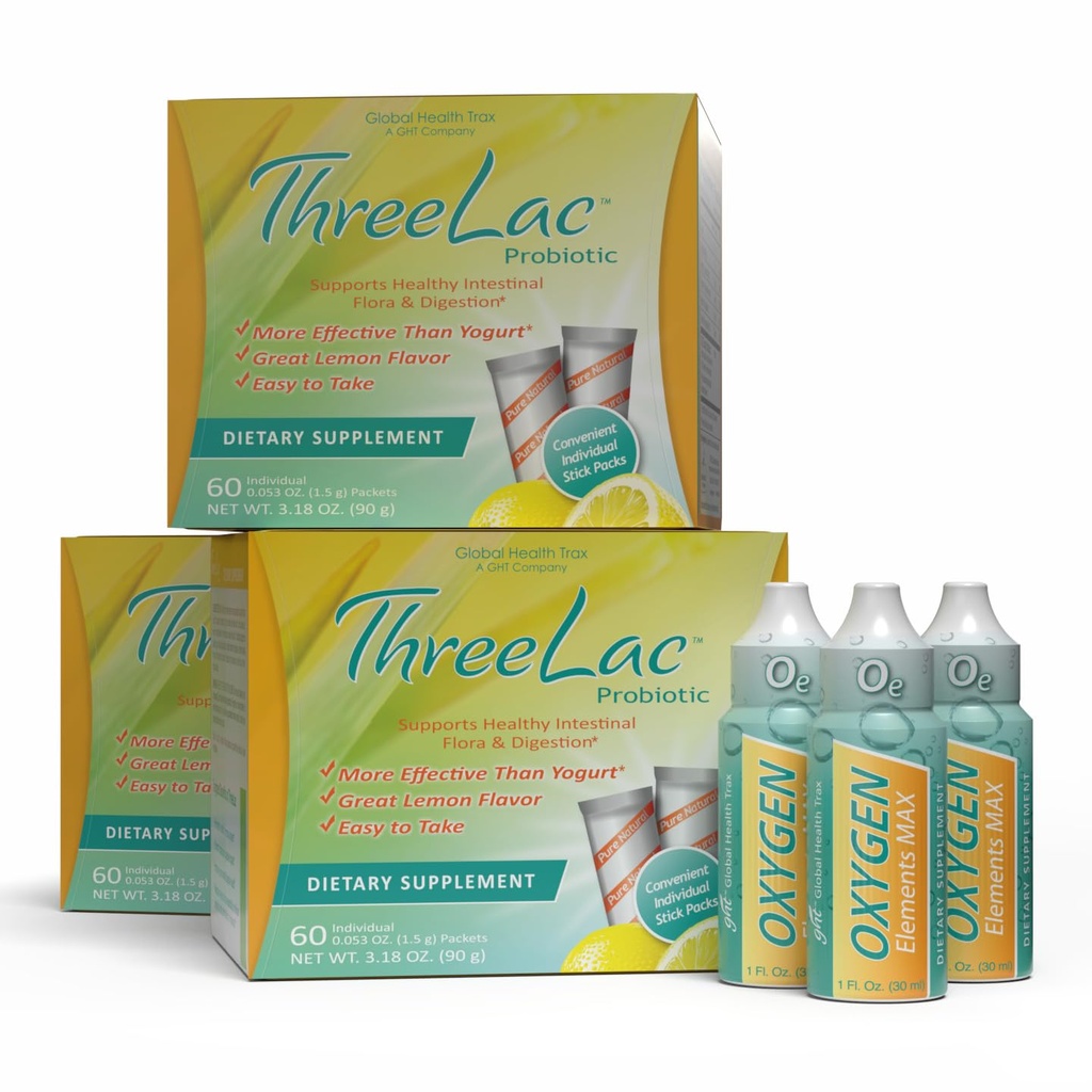 GHT – Ultimate Gut & Oxygen Duo: ThreeLac Lemon Probiotic Powder (180 Packets) & Oxygen Elements Max Drops (3oz) - Digestive Support & Cellular Vitality