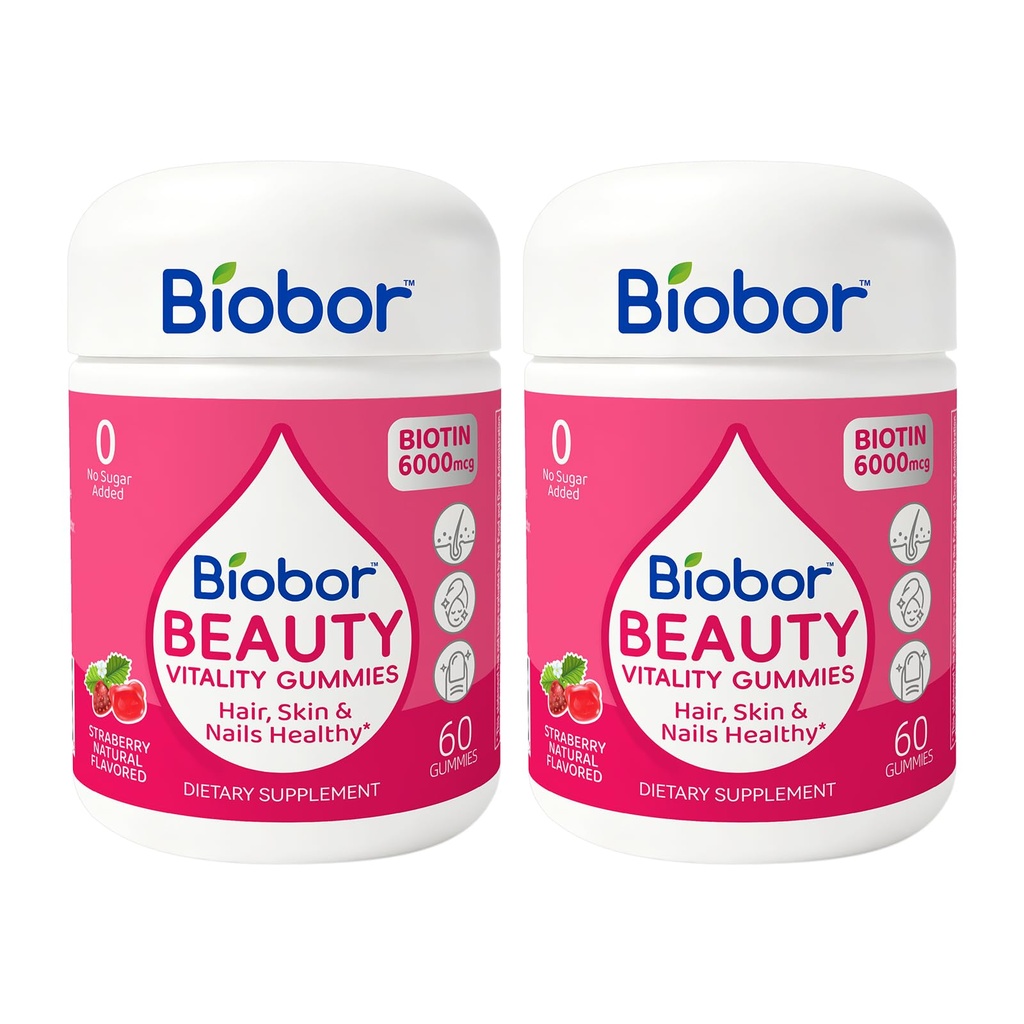 Biobor Beauty Gummies, Natural 6000mcg Biotin Gummies for Women Men, No Sugar Added Hair Skin and Nails with Vitamins A C E, GMO Free, Gluten Free,120 Count