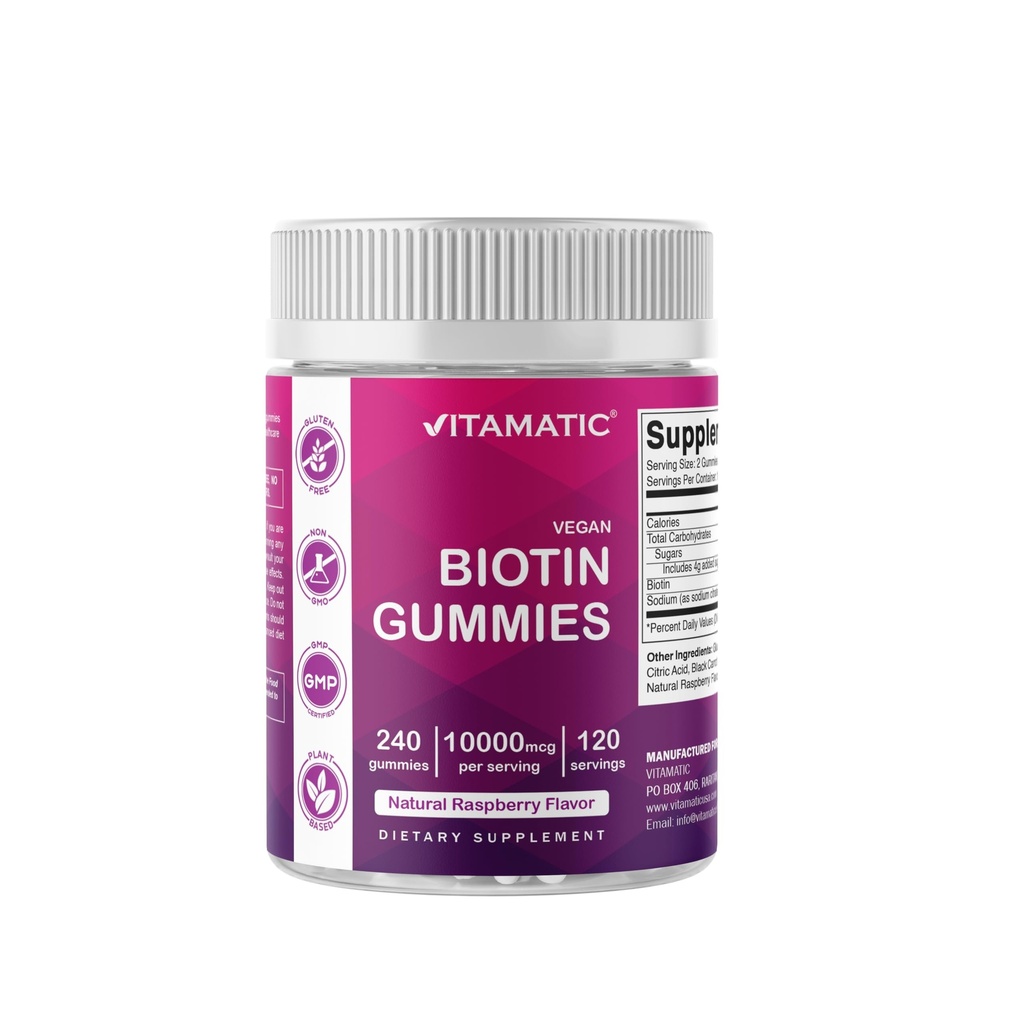 Vitamatic Biotin Gummies 10,000 mcg for Stronger Hair, Skin & Nails - 240 Vegan Gummies - Also Called Vitamin B7