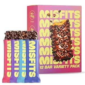 Misfits Protein Bars - High Protein Candy Bars | Gluten Free Plant Based, Low Sugar & Carb, High Fiber Snacks | Variety Pack of 12 (4 Flavors)