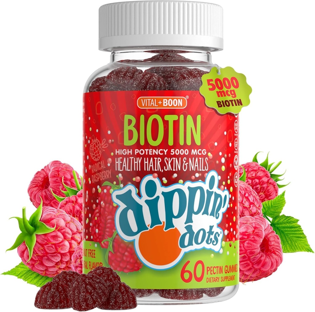 Vital+Boon - Extra Strength Biotin 5000mcg (60 Gummies) Healthy Hair, Skin & Nails | High Potency Biotin in Delicious Very Berry Raspberry Natural Fruit Pectin Chews | Vegan, Non-GMO Gluten Free