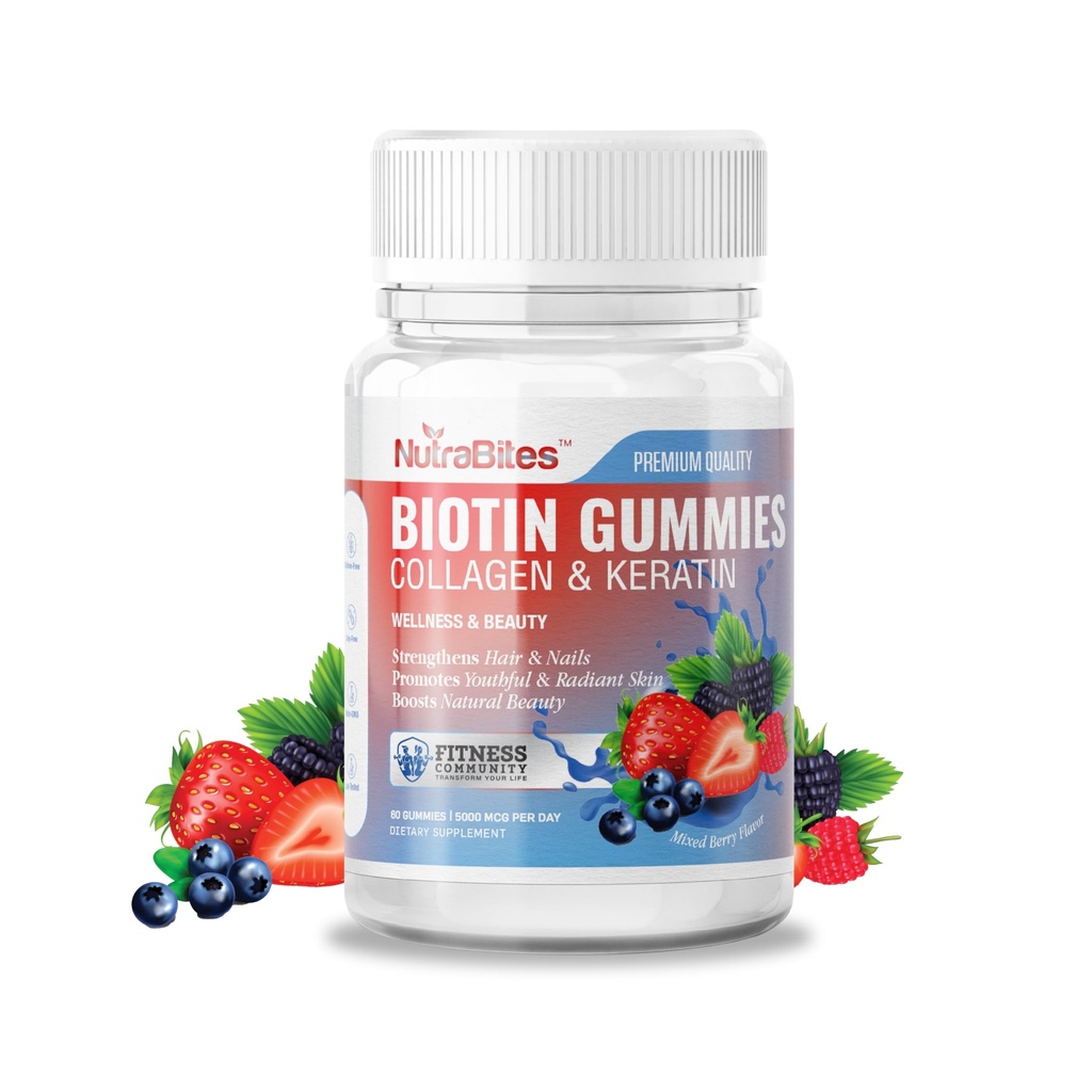 Biotin Gummies with Collagen, Keratin & MSM – 8000mcg Biotin for Hair, Skin & Nail Health – All-in-One Beauty Supplement with Silica & B Vitamins – Mixed Berry Flavor (60 Count)