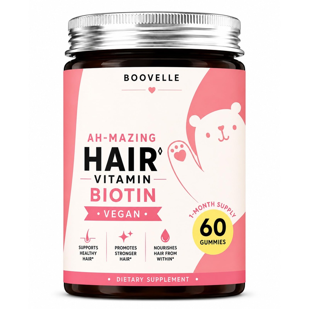 BOOVELLE Biotin Gummies for Hair, Skin & Nails, Vegan Hair Vitamins with Vitamins C & E, Supports Stronger Hair, Healthy Skin & Nails, Strawberry Gummies, 60 Count