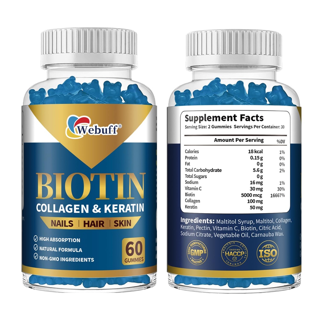 Biotin Gummies for Hair Growth, Extra Strength Vitamin B7 Supplement, Support Thicker Hair, Stronger Nails & Glowing Skin, Vegan Non-GMO Gluten-Free, Strawberry Flavor, 60 Gummies