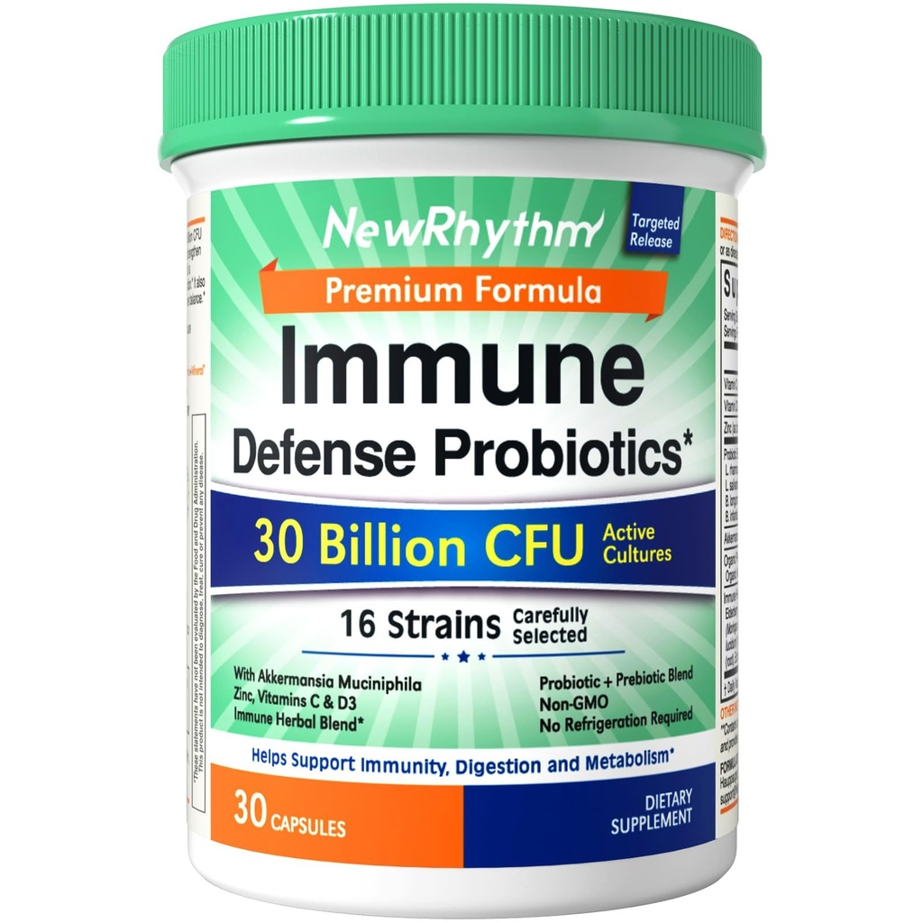 NewRhythm Probiotics for Immune Support, Akkermansia Probiotic Supplement for Women & Men, 30 Billion CFU 16 Strains, Plus Zinc, Vitamin C & D3, Elderberry & Echinacea, Non-GMO, 30 Capsules
