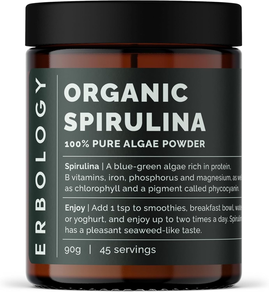 Erbology Organic Spirulina Powder 3.2 oz - 45 Servings - Βιώσιμα πηγάζει στην Πορτογαλία - Ενέργεια και Ανοσία Υποστήριξη - Πλούσια σε Χλωροφύλλη, Β Βιταμίνες, Σιδήρου και Φωσφόρου - Vegan - GMO-Free