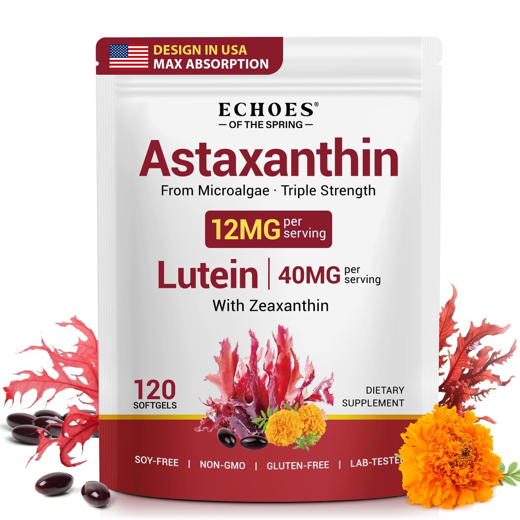 Astaxanthin 12mg & Lutein 40mg with Zeaxanthin Supplements, Fresh Microalgae Source, Supports Eye, Skin, Antioxidant, Joint, Circulatory Health Non-GMO Gluten Free, 4 Month Supply | 120 Softgels