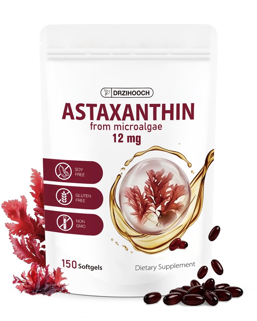 Astaxanthin 12mg – 150 Softgels, Natural Astaxanthin Supplements from Microalgae Source - Triple Strength Antioxidant Supports Skin, Eye & Joint Health - 5 Month Supply